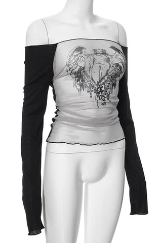 Off-Shoulder Graphic Mesh Top