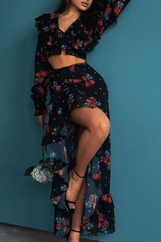 Floral Sheer Skirt Set with Ruffle Details