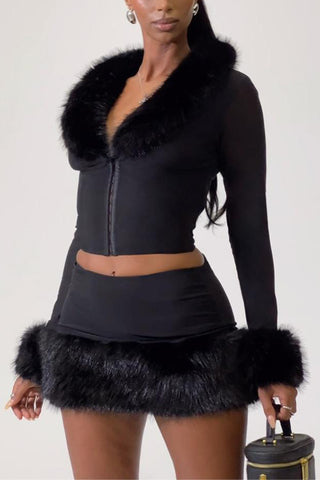 Fuzzy Trim Skirt Set