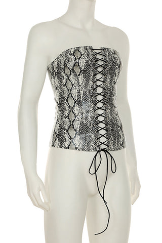 Lace-Up Strapless Snake Print Tank