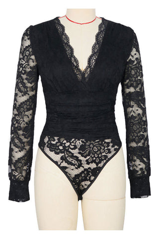 V-Neck Lace Bodysuit with Long Sleeves