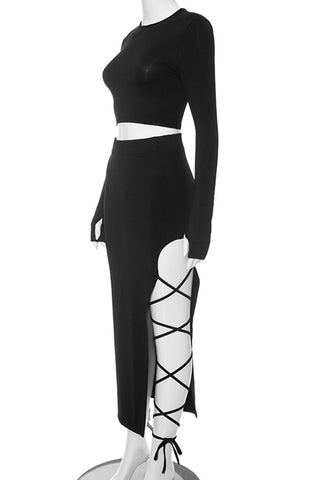 Sleek Cut-Out Skirt Set with Lace-Up Detail