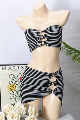 Striped Buttoned Bandeau and Skirt Set