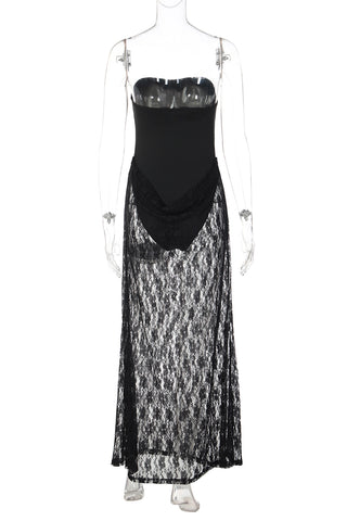Strapless Lace Overlay Evening Dress