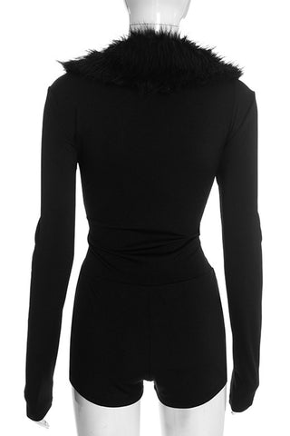 Romper with Hook Detail & Furry Collar