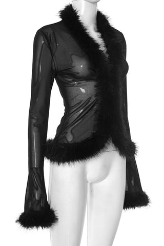 Faux Fur Trim Sheer Long Sleeve Blouse