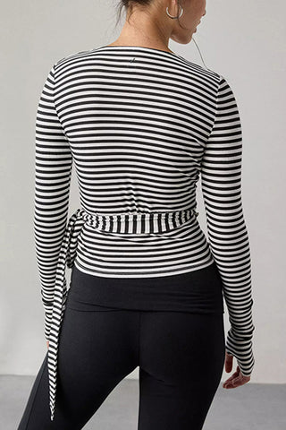 Striped Wrap-Front Long Sleeve Top