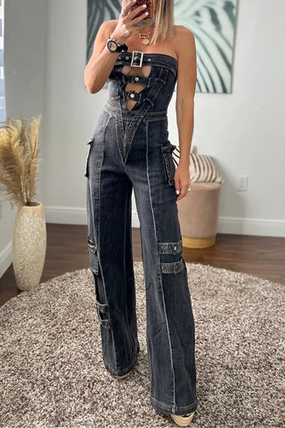 Strapless Cutout Denim Jumpsuit