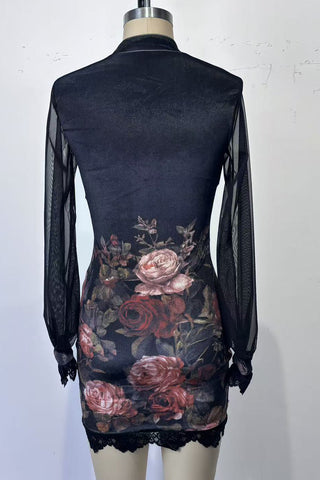 Floral Mesh Overlay Casual Dress