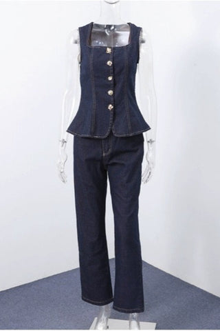 Denim-Inspired Buttoned Set