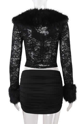 Fur-Trim Lace Skirt Set