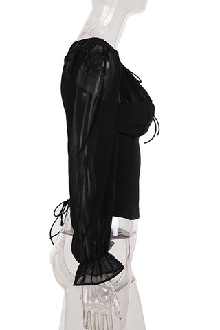 Sheer Sleeve Lace-Up Blouse