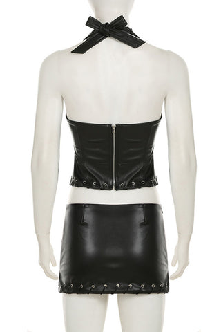 Eyelet Lace-Up Halter Skirt Set