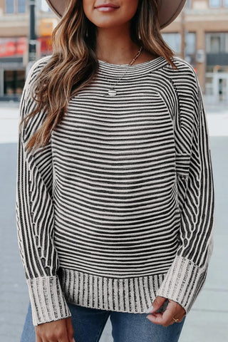 Striped Ribbed Boat Neck Sweater