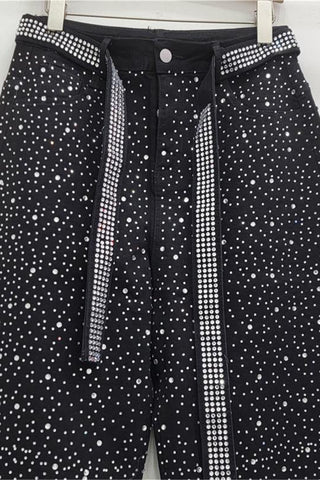 Rhinestone Straight-Leg Jeans with Belt