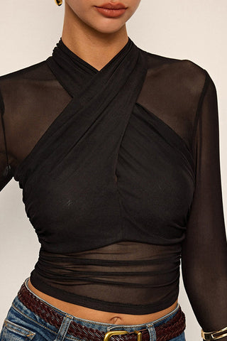 Sheer Mesh Long Sleeve Blouse