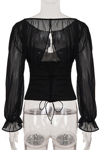 Sheer Sleeve Lace-Up Blouse