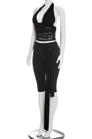 Halter Lace Top with Wrap Pants Set
