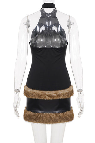 Halter Neck Faux Fur Trim Dress