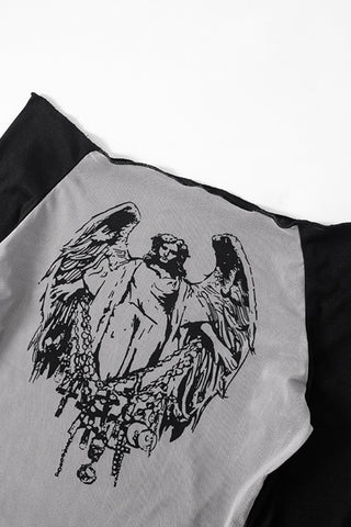 Off-Shoulder Graphic Mesh Top