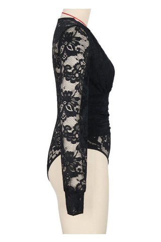 V-Neck Lace Bodysuit with Long Sleeves