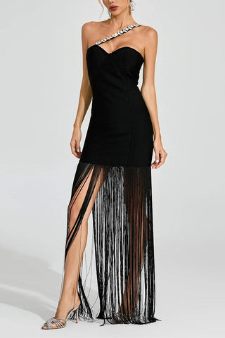 Fringe Detail One-Shoulder Evening Dress