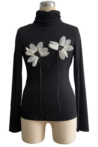 Floral Appliqué Long-Sleeve Turtleneck Top