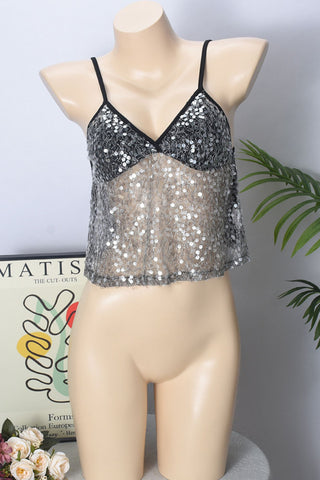 Sequin-Embellished Mesh Tank Top