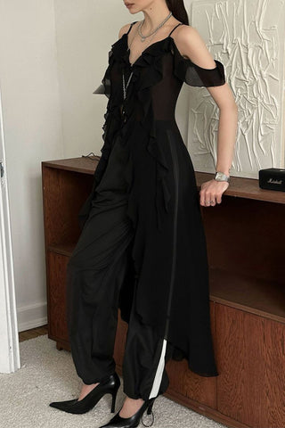 Ruffled Cold-Shoulder Midi Dress