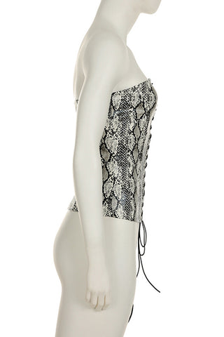 Lace-Up Strapless Snake Print Tank