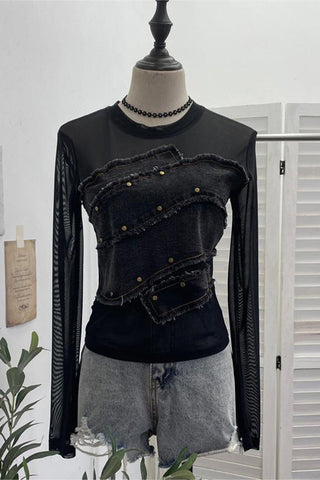 Distressed Denim Patchwork T-Shirt