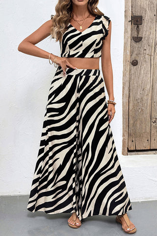 Zebra Print Skirt Set with Ruffled Crop Top