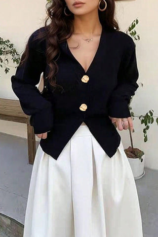 Gold-Button Knit Cardigan