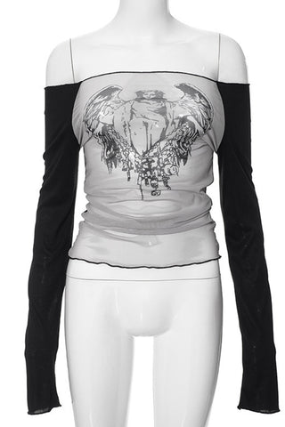 Off-Shoulder Graphic Mesh Top