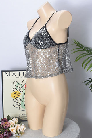 Sequin-Embellished Mesh Tank Top