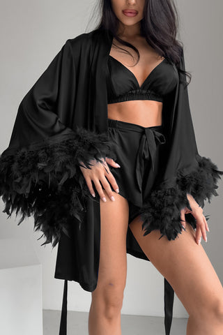 Feather-Trim Kimono Short Set