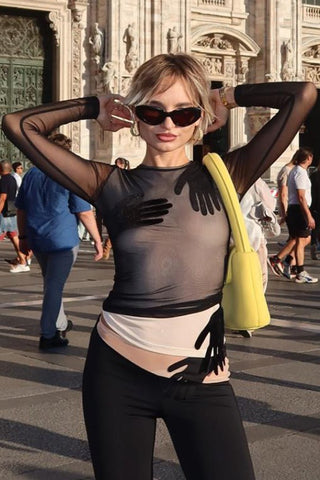 Sheer Mesh Top with Glove Print