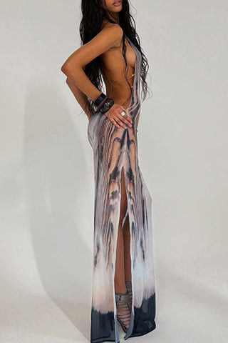 Abstract Print Halter Maxi Dress