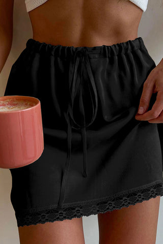 Lace-Trimmed Drawstring Mini Skirt