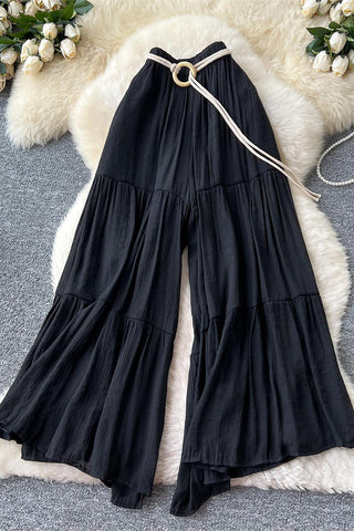 Tiered Wide Leg Pants with Belted Waist