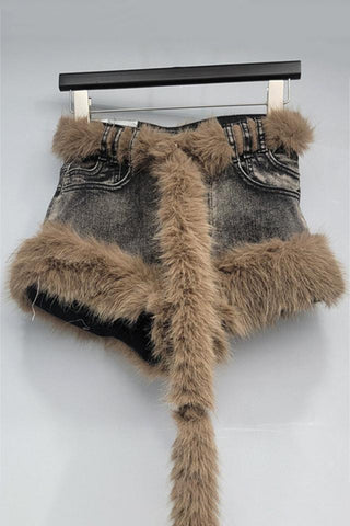 Faux Fur Trim Denim Shorts