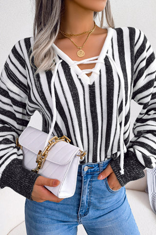 Striped Lace-Up V-Neck Sweater