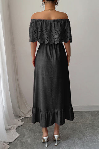 Off-Shoulder Eyelet Casual Midi Dress