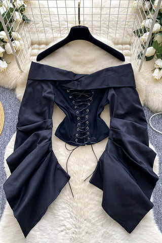 Off-Shoulder Lace-Up Blouse
