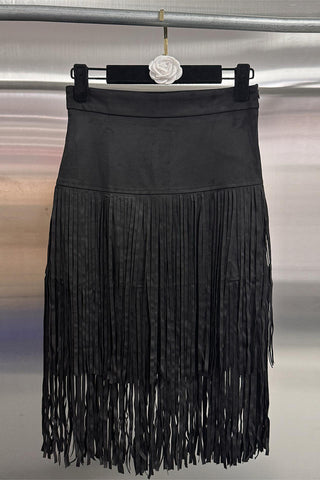 Fringe Hem Midi Skirt with Side Slit