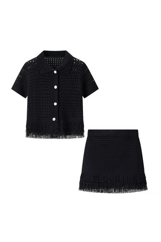 Fringe-Trimmed Skirt Set with Button Top