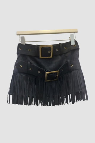 Fringe Mini Skirt with Belt Detail