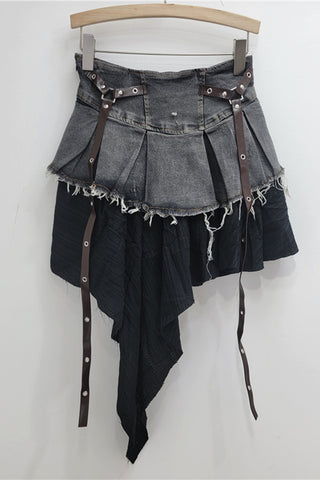 Edgy Layered Mini Skirt with Leather Straps