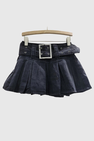 Pleated Denim Skirt with Belt