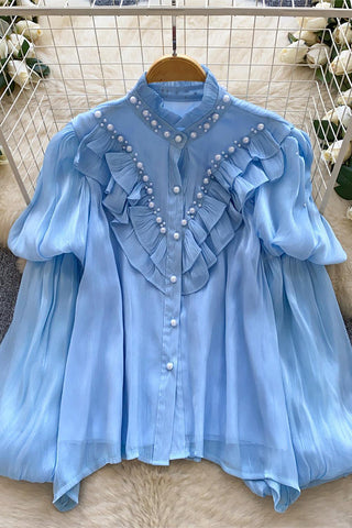 Pearl-Trimmed Ruffle Blouse